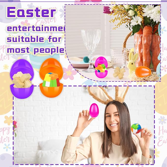 48 Pcs Prefilled Easter Eggs with Mini Brain Teaser Puzzles Metal Buckle Metal Puzzles Plastic 3D Puzzle Game forEgg Hunts Party Favors Easter Basket Stuffers