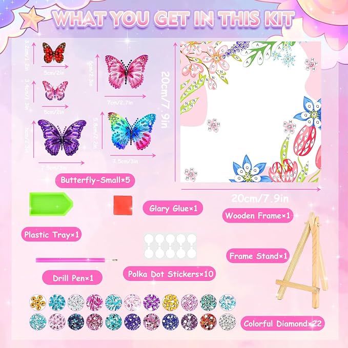 LCOZX 3D Fluttering Butterfly Diamond Art Kit for Kids Ages 8-12–Sparkling Gem Painting with Wooden Stand, Easy Arts & Crafts for Girls & Boys, Unique Birthday Gift & Bedroom Decor