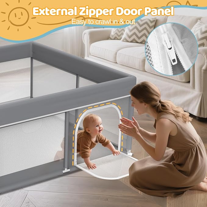 Grey Baby Playpen 64"x64" - with 2 Pull Up Rings Full Cover Anti-Collision Large Playard for Babies and Toddlers Dark Gray Pack n Play Alternative Safety Play Yard Infant Activity Center