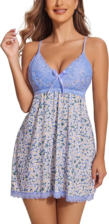 Avidlove Women Nightgown Sexy Sleepwear Lace Chemise V-neck Modal Babydoll Lounge Dress