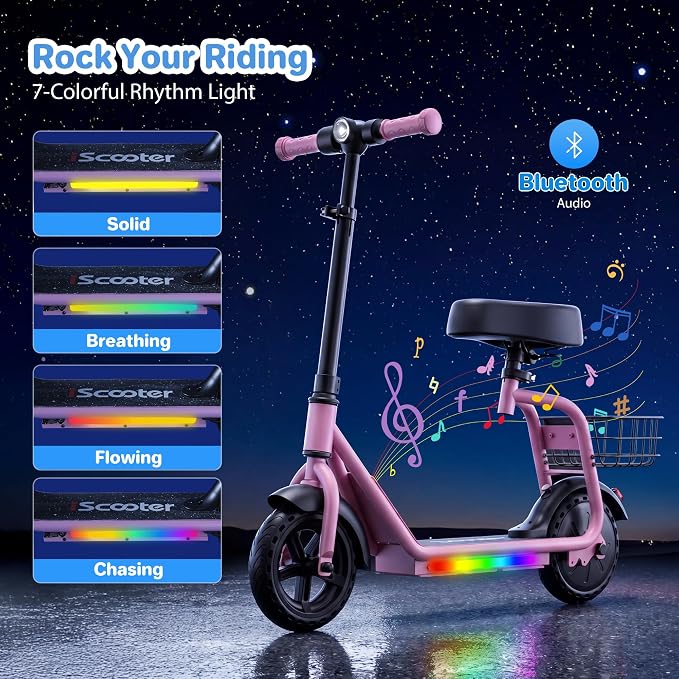 iScooter 2-in-1 Kids Electric Scooter ik7,Up to 12mph&10Miles Range，250W Motor, Headlight & Brake Taillight, Removable Seat&Basket, Smart App Parental Control,Electric Scooter for Kids Ages 10-14