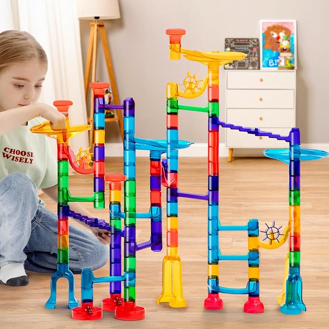 JOYIN 150Pcs Glowing Marble Run- Construction Building Blocks Toys with 5 Glow in The Dark Glass Marbles, STEM Educational Building Block Toy, Birthday Gifts, Easter Basket Stuffers