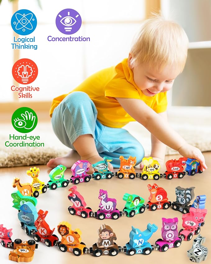 Vanmor Wooden Alphabet Train Set for Toddlers 3-5, Magnetic Animal ABC Train with Uppercase & Lowercase Letter Matching, Montessori Phonics Learning Toy for Preschool & Kindergarten Boys Girls
