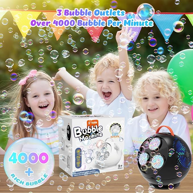IFLOVE Bubble Machine for Kids 3+-45°/360° Rotating Bubble Blower with RGB LED Light,30000+ Bubbles Per Minute,Automatic Portable Bubble Maker for Boys Girls,Outdoor Party Easter Birthday Gift (Black)