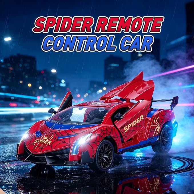 CHMYWJ Spider Remote Control Car with Lights, Spray, Openable Scissor Doors Gifts for 3 4 5 6 7 8 9 10 Year Old Boys Age 3-4 4-6 6-8 8-12 Christmas Birthday Gift, Toddler Kids Toy