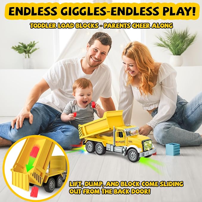 Car Toys for Toddlers, Dump Truck Toy with 1 Self-Lifting Bed, Lights Music Toy Trucks Construction Vehicle with 2 Opening Doors,Toys for 3 4 5 6 Year Old Boy Girl, Kids Christmas Birthday Gifts