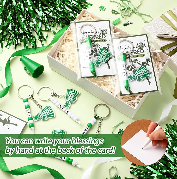 Suncalla 996 Pcs 24 Set Cheer Keychain Making Kit DIY Key Chain Crafts Cheerleader Gifts Cheerleading Bag Charms Adjustable Letter Beads Cards Strings Green Kit for Backpack Team Gift Sport Accessory
