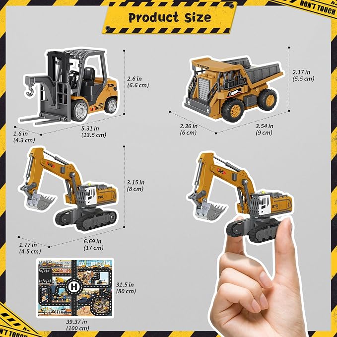 RC Construction Vehicles Toys Set 3 in 1 with Mini Excavator Dump Truck Forklift Real Lights & Sounds and Movable Parts & Traffic Sign Construction Site Map USB Charge Birthday Gifts for Kids Adults