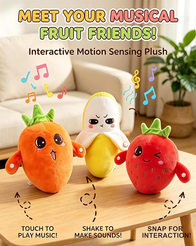 Soft Plush Musical Sensory Toy, Interactive Plush Toy with Sounds, Skin Touch Activated Sound Doll, Dual Mode Educational Toy, Fruit Style Gift for Baby Kids Boys Girls All Ages(Yellow Banana)