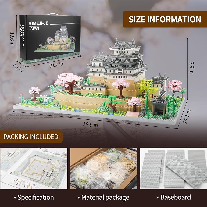 JXRLMB Japanese Micro Building Blocks Sets for Adults 10080 PCS Japan Himeji Castle with Cherry Blossoms Model Kit Big Architecture Landmarks Collection Kit