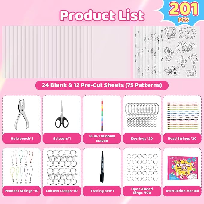 201pcs Shrink Paper Keychain Kit, 24 Blank & 12 Pre-Cut Sheets (75 Patterns) Crafts Kits for Kids Adults, Shrinking Art Activity Set with Hole Punch & Keychain Jewelry Accessories for DIY Crafts