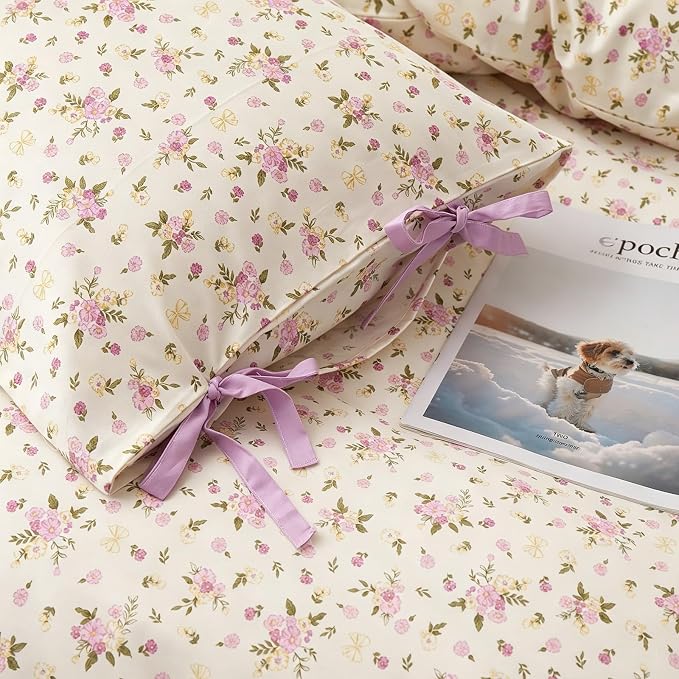 Floral Cottagecore Comforter Set Full Size, 3 Pieces Vintage Flowers Comforter Coquette Aesthetic Bedding Set for Girls Teen Women, Soft Lightweight Botanical Comforter with 2 Bow Ties Pillowcases