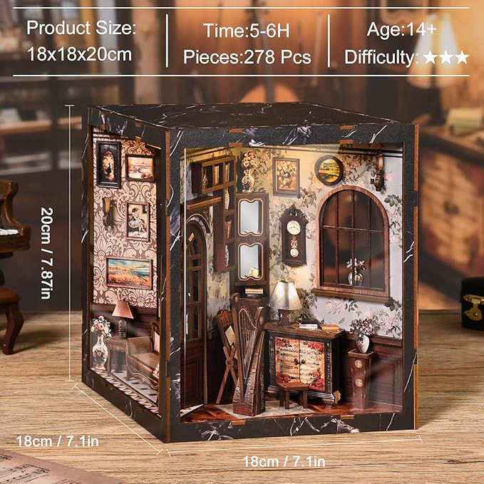 DIY Miniature House Kit, Book Nook Kit, A Scene on Every Side, 3D Wooden Puzzles Bookshelf Craft Kits, Dollhouse Kit with LED Light, Mini Building Kit for Adults Teen (European Melody Instrument Box)