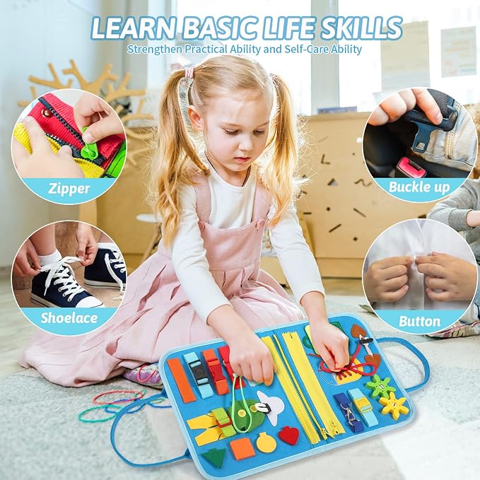 Quiet Flower Busy Board Montessori Toys - Sensory Busy Book for Early Learning, Dinosaur Educational Activity for Fine Motor Skills, Airplane Car Travel Toy Gifts for Boys Girls