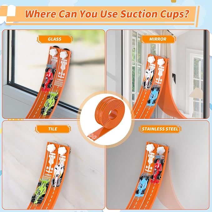 20Ft Flexible Race Track, Slot Car Race Track Set for Kids Ages 3+,Dual Racing Game 2 High-Speed Cars 1/64 Scale, w/8 Suction Cups,4 Alloy Cars– Ideal Easter Birthday Gift for Boys & Girls (Orange)
