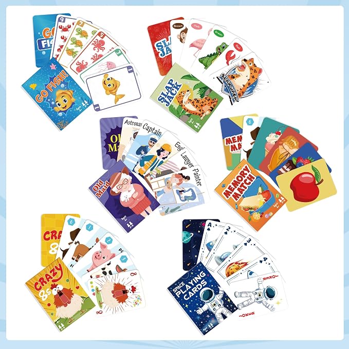 Card Games,6 Decks,Go Fish,Old Maid,Crazy 8s,Memory Match,Slap Jack,Space Playing Cards,Fun Game Cards for Kids Toddlers and Adults,Family Party Table Games, Stocking Stuffers Gifts for Kids
