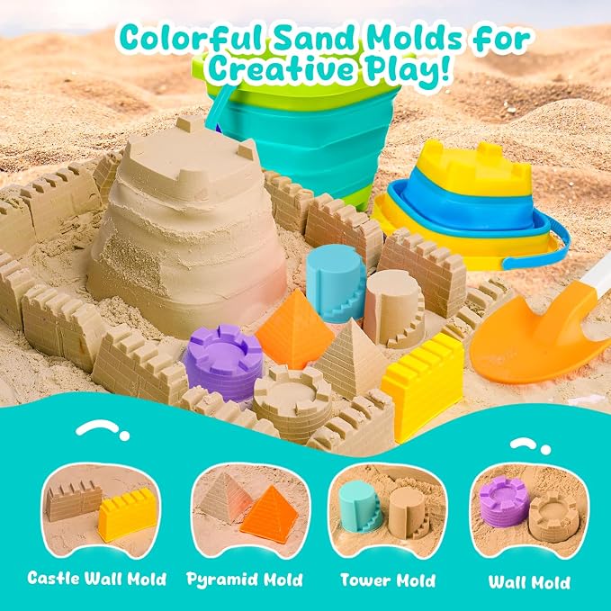 AuntyFey Collapsible Beach Toys for Kids Ages 4-8, Sand Toys for Toddlers Ages 3-4-8, Beach Toy Set with Collapsible Beach Buckets, Sandbox Toy for Kids with Castle Sand Mold and Large Shovels