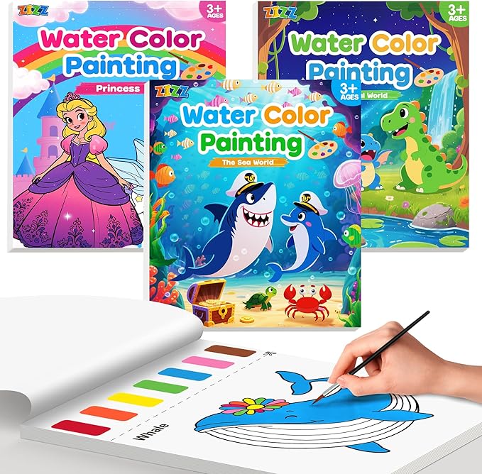 ZIZZ Paint with Water Coloring Books for Toddlers, 3PCS Watercolor Painting Set for Kids Ages 3-8, No-Mess Drawing Art Craft Toy Birthday Valentine's Day Gifts for Girls Boys - Princess, Forest, Sea