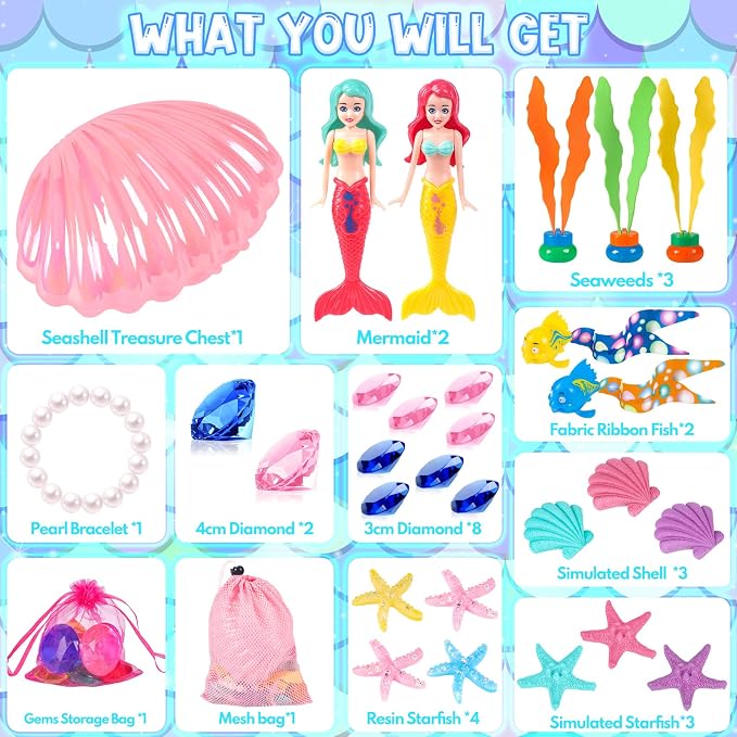HUUIDY Pool Toys, 31Pcs Mermaid Toys Diving Toys with Shell Treasure Chests and Storage Bag, Swimming Pool Games Summer Water Toy Gift Set for Kids Toddlers Girls Boys