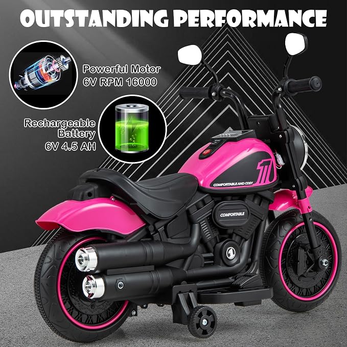 Costzon Toddler Motorcycle, 6V Battery Powered Electric Motorcycle with Detachable Training Wheels, Soft Start, Headlights & Music, Kids Motorcycle Ride on Toy for Toddlers Boys Girls 18+ Months(Pink)