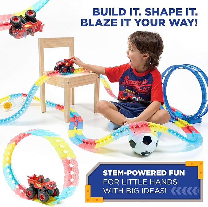 Blaze and The Monster Machine Race Track Set - 117-Piece STEM Playset with Flexible Glow Tracks - Official Nickelodeon Toys for Kids Ages 3 to 8 - Birthday Gifts for Boys & Girls by JitteryGit (Red)