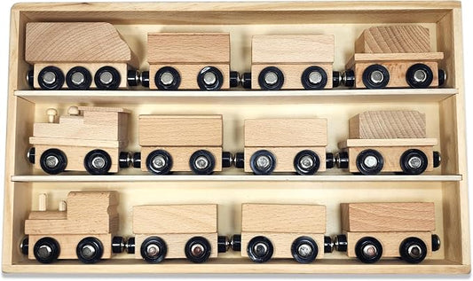 Adventure Awaits! Magnetic Wooden Train Set | 12 Piece Natural Wood Railway Toy with Storage Box | Unpainted