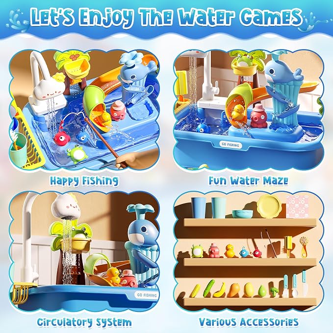 Upgraded Toddler Sand Water Table Toy with Electric Water Pump, Kids Sand Water with Faucet/Play Food Accessories/Fishing Toy, Kitchen Play Sink Toys for Girl Boy Age 3+