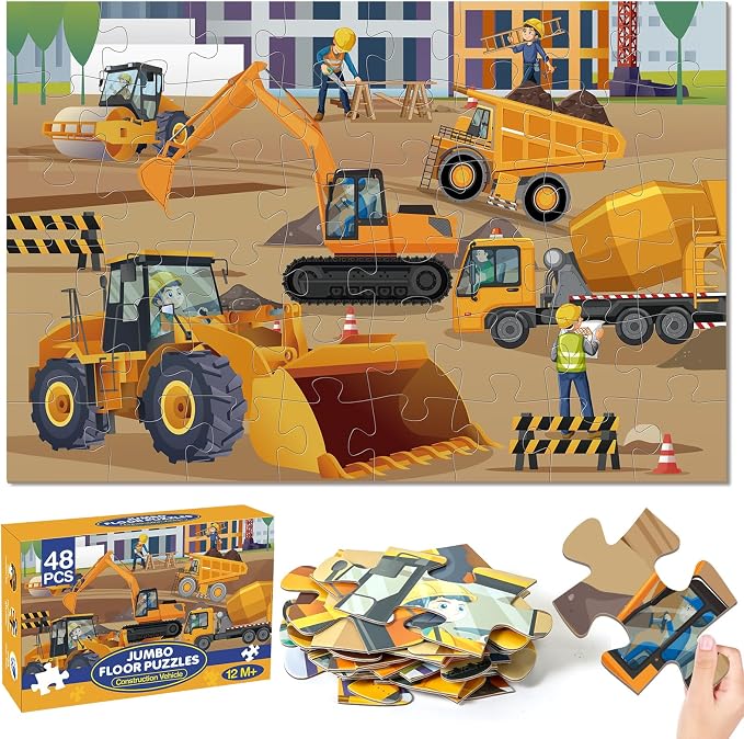 Jumbo Floor Puzzle for Kids, 48 Piece Large Construction Vehicle Jigsaw Puzzles for 3 4 5, Toddler Learning Preschool Educational Toys for 4-8, Birthday for Boys Girls