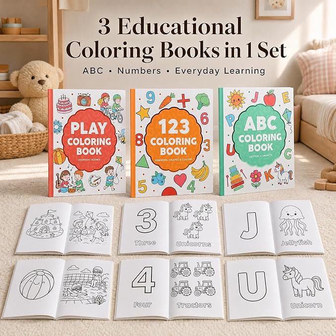 Fun Coloring Book for Kids - Set of 3 Cute Toddler Coloring Books with Big Simple Designs - Educational Activity Water Color Book with Themes for Alphabet, Numbers, Colors & Shapes for Boys and Girls