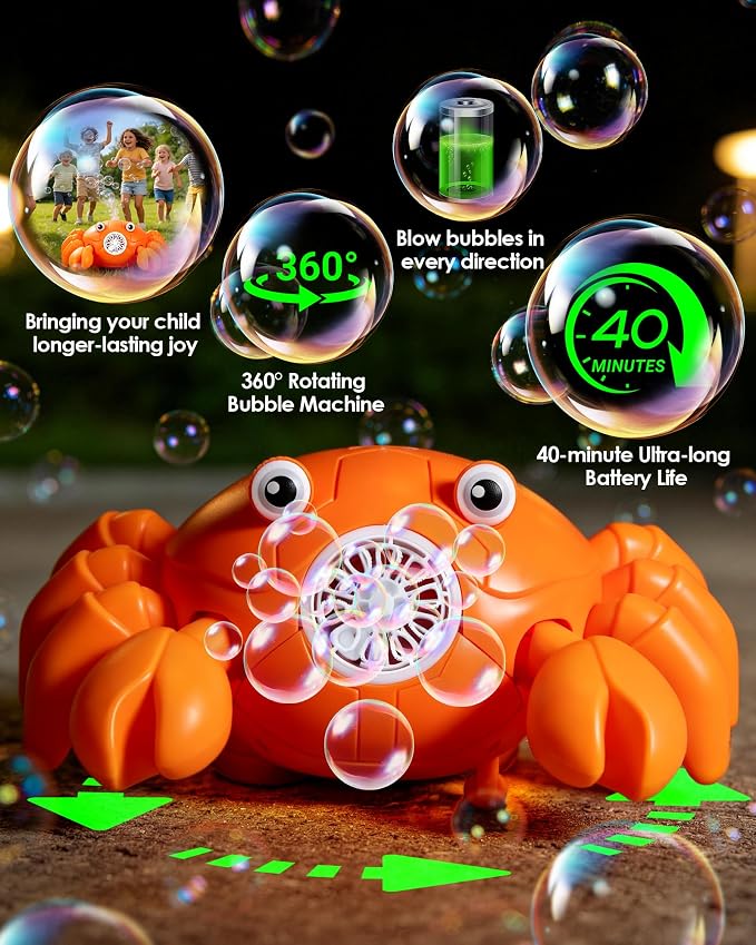 Crab Bubble Machine for Kids, Rechargeable 360-Degree Moving Bubble Maker with Lights and Music, Obstacle Avoidance, USB-C Cable, 2 Bubble Solutions, Outdoor Birthday Toy Ages 3+