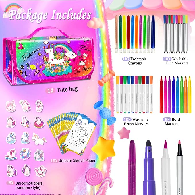 weirtoya 56 PCS Washable Scented Markers with Glitter Pencil Case, Mermaid Unicorn Arts and Crafts for kids 4-6-8 Kids Coloring Drawing Kits for 4-8 Years Old Girls (Rainbow, 70)