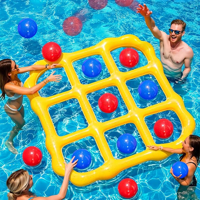 MGparty Pool Toys Games Set - Inflatable Tic Tac Toe Pool Toy with 10 Balls - Summer Outdoor Water Fun for Kids Adults Teens Family Swimming Pool Float Beach Backyard Party Game (2-10 Players)