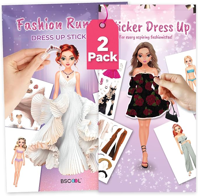 BSCOOL Fashion Runway & Sticker Dress Up Activity Book 2-Pack for Girls Ages 5+ – 200+ Stickers – Paper Doll Fashion Design Books – Creative Birthday Gift for Kids
