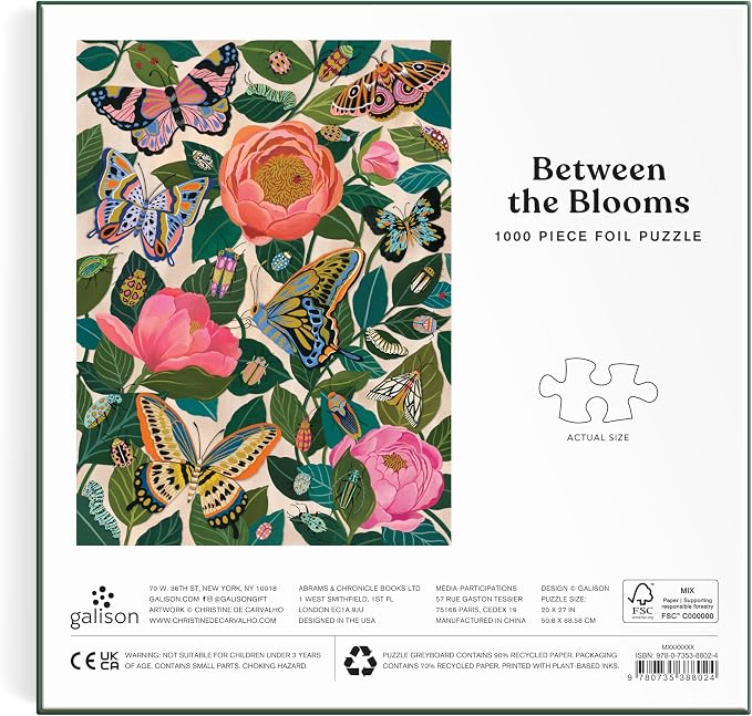 Galison Between The Blooms – 1000 Piece Foil Jigsaw Puzzle Featuring Beautiful Artwork of Butterflies Nestled in Blooming Flowers