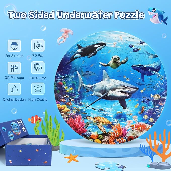 DIGOBAY Underwater Ocean Floor Puzzle for Kids Ages 4-6, Shark Toys for Boys Girls, 70 Pieces Large Jigsaw Shark Puzzles for Kids Ages 4-8, Educational Ocean Animals Toys for Birthday Christmas