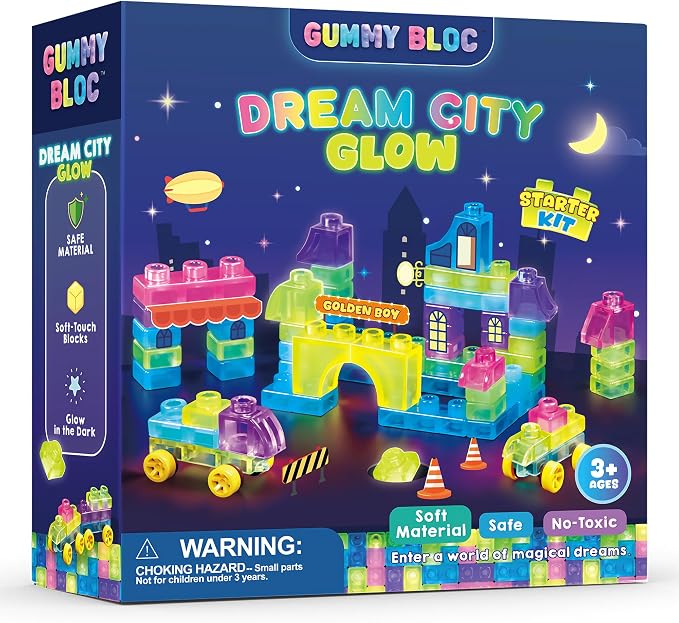 Gummy Bloc 57 PCS Soft Glow in The Dark Building Blocks for Toddlers, Dream City Glow Starter Kit, Squishy Sensory Stacking Toy with 2 Buildable Vehicles, Montessori STEM Preschool Gift for Boys Girls