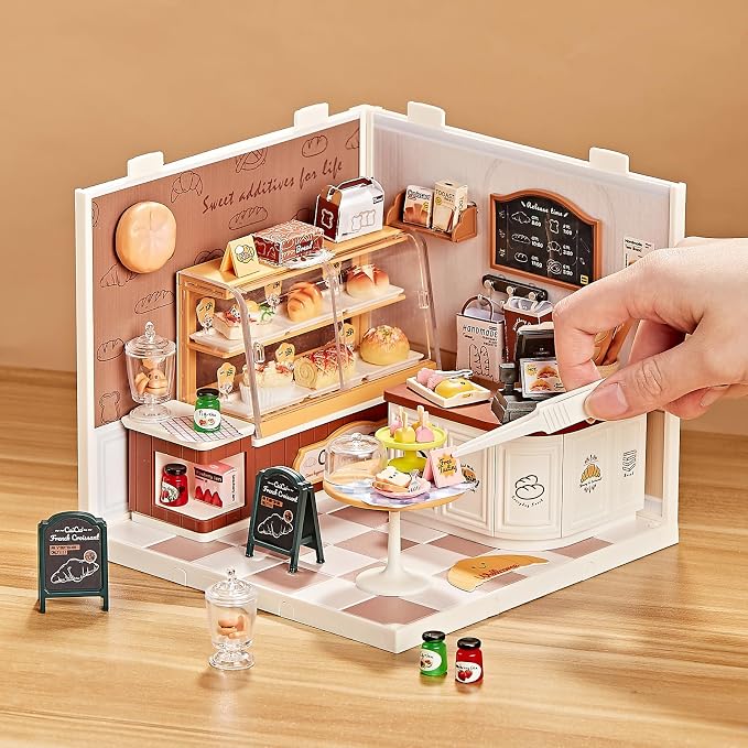 Miniature DIY House Kit Bakery Shop – 87Pcs 1:24 Scale Dollhouse Bake Shop Pastry Cafe with LED Light, Realistic Pastries & Connectable Base for Kids 8+ and Collectors