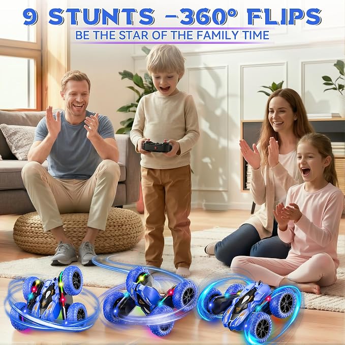 Wedopro RC Car for Boy Ages 6-12: 2 Batteries 360° Stunt Rotating 4WD Remote Control Toy with Headlights, Indoor Outdoor Birthday Gifts for Kids 6 7 8 9 10 11 12, Blue