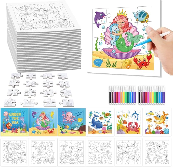 Fennoral 24 Pack Summer Crafts for Kids Bulk Color Your Own Under The Sea Jigsaw Puzzle with Base Design DIY Coloring Arts and Crafts Classroom Gifts Under the Sea Theme Party Favors,4.7inch