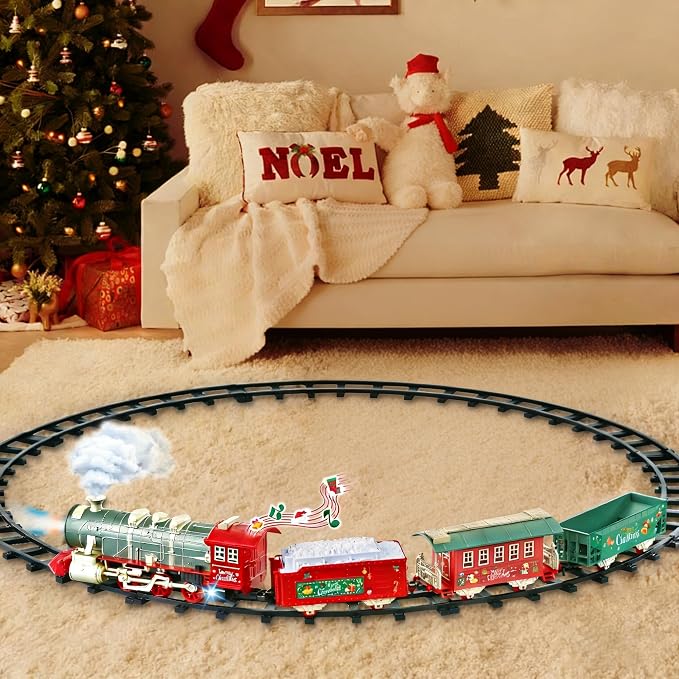 Electric Train Set for Kids Ages 4-8 with Real Steam, Lights and Sounds, Complete Toy Train Set with Cars and Tracks, Easy Snap-Together Assembly, Christmas and Year-Round Gift for Children