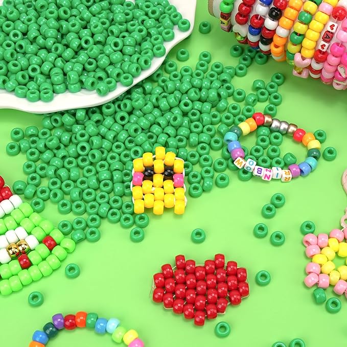 Dowsabel Green Pony Beads Bulk 1000 Pcs 6x9mm, Large Hole Kandi Hair Beads for Braids Bracelets, DIY Friendship Bracelets Necklaces Jewelry Making Crafts and Gifts