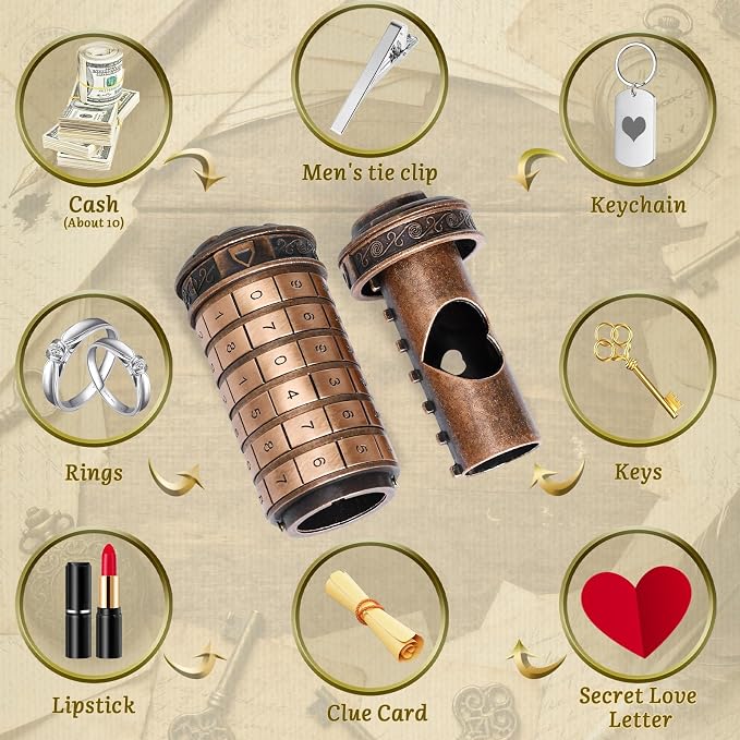 wellsee Cryptex Da Vinci Code Numeric Lock-Metal Puzzle Boxes with Hidden Compartments-Money Box for Cash Gift-Unlock Games for Adults-Creative Holiday Birthday for Woman & Men-Redcopper