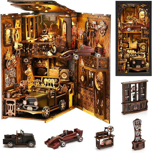 TOYQI Book Nook Kit, Book Nook Kits for Adults | DIY Miniature Dollhouse Kit 3D Wooden Puzzle Booknook Bookend with LED Light