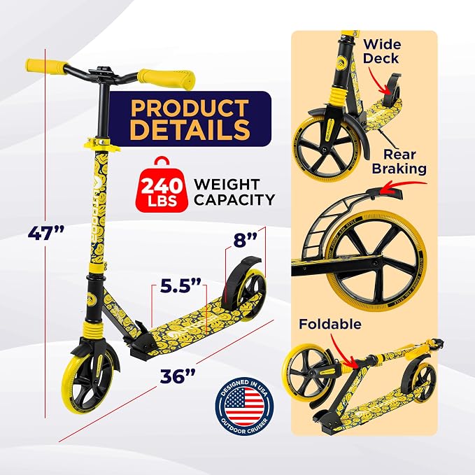 Outdoor Cruiser Kick Scooter for Ages 6+, for Kids, Teens, and Adults, Max Load 250 LBS, Foldable, 8-inch Big Wheels, Dual Suspension, 3 Adjustable Levels, Child Safety Approved, Yellow