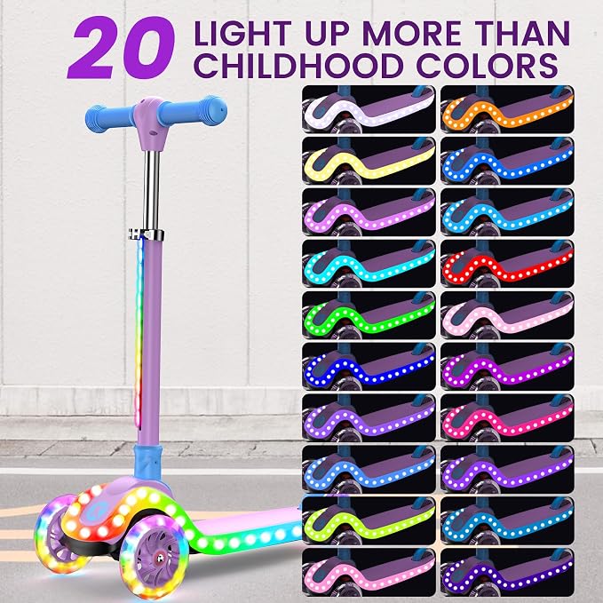 2-in-1 Adjustable Kick Scooter for Kids 3-5 (Suitable 3-12 Years),5-Level Handlebar & Removable Seat, LED Light-Up Wheels, Wide Deck, Foldable Design for Indoor/Outdoor Use - Girls & Boys