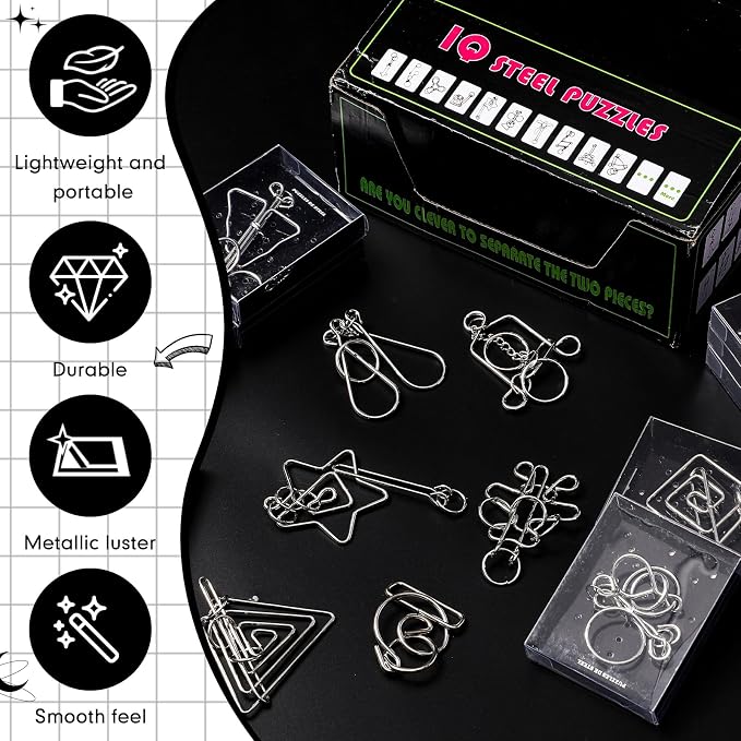 24 Packs Large Metal Bulk IQ Wire Metal with Paper Box Gift Package Educational Valentine Gifts Easter for Party Favor Adults Challenge Gifts(Black,Unique Styles)