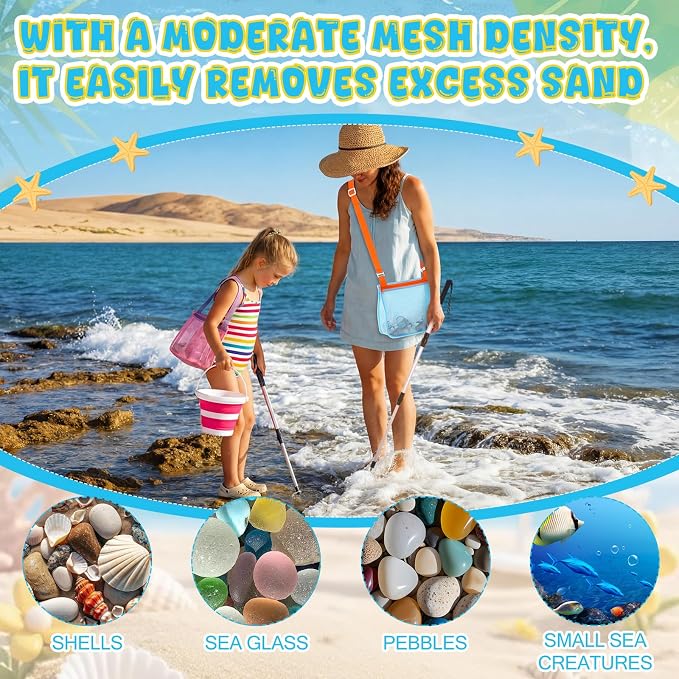 Silipull 8 Pcs Beach Toys Shell Collecting Set Sand Toys Include 2 Beach Mesh Bag 2 Sand Sifter 2 Mesh Shovel Scoop 2 Foldable Bucket Shark Tooth Sifter for Kids Vacation Essentials