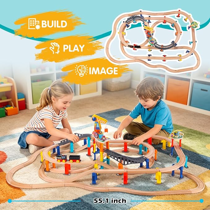 120Pcs Wooden Train Tracks Set, 398-inch Track Expansion, Toddler Railway Bridge Toy Train Set with Airplane and Magnetic Crane, Birthday Gifts for Boys and Girls, Compatible with All Major Brands
