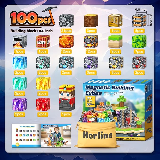 100PCS Magnetic Blocks Building Toys, STEM Learning Sensory Toys for Kids Age 3-5 4-8 5-7 8-12, Gem Cave Adventure Mine Magnet World Craft, Christmas Game Gift for for 3+ Years Old Boys Girls(0.8")