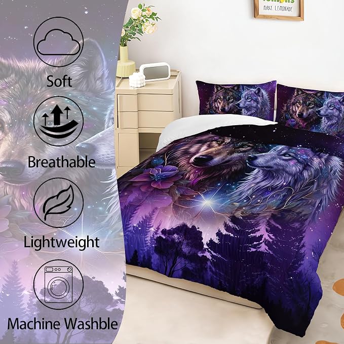AILONEN Purple Galaxy Wolf Comforter Set - 3-Piece Twin Size Mystical Animal Starry Night Bedding for Room Decor, 2 Pillowcaases